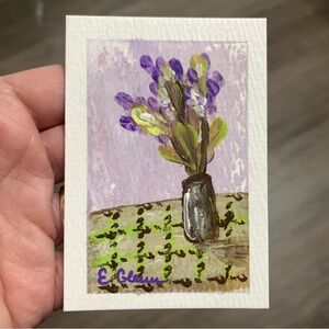 ACEO Original Painting Floral Art with Purple and Green Accents